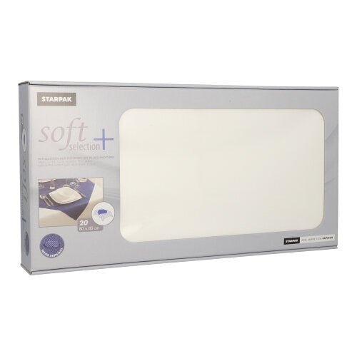 Eine rechteckige Schachtel mit 20 Mitteldecken-Servietten aus stoffähnlichem Vlies „soft selection plus“ von Starpak im Format 80 x 80 cm verfügt über ein ausgeschnittenes Fenster, durch das die weißen Servietten und die auf der Starpak-Verpackung aufgedruckten Produktdetails sichtbar sind.