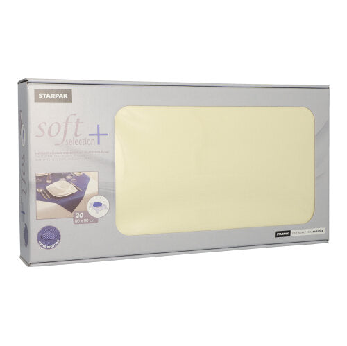 Ein 20er Pack Starpak „Soft Selection Plus“ Mitteldecken, aus stoffähnlichem Vlies, je 80 x 80 cm; Verpackung meist grau mit Klarsichtfenster und aufgedruckter Produktinformation auf der Vorderseite.