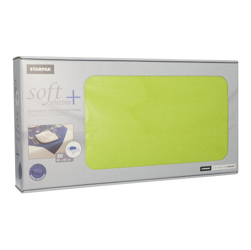 Eine rechteckige Schachtel mit 20 Starpak-Mitteldecken, stoffähnlich Vliesunterlagen „Soft Selection Plus“ (80 x 80 cm), mit Produktdetails und einer Musterunterlage auf der Verpackung.