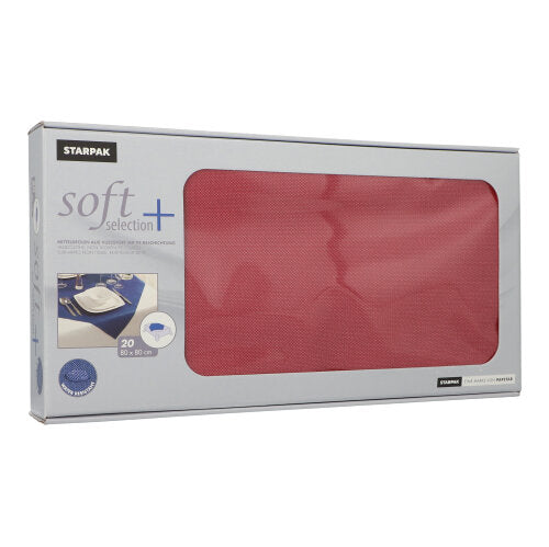 Eine Box mit 20 Starpak Mitteldecken, stoffähnlich Vlies „soft selection plus“, je 80 x 80 cm. Die Verpackung hat ein transparentes Fenster und lässt sich perfekt mit anderen Starpak Servietten kombinieren.