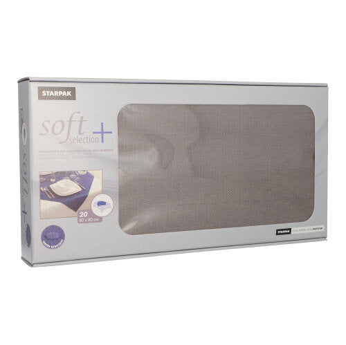 Ein rechteckiger Karton mit der Aufschrift „Starpak 20 Mitteldecken, stoffähnlich, Vlies soft selection plus 80 x 80 cm“ zeigt die überwiegend graue Verpackung mit einem transparenten Fenster, durch das die darin befindlichen soft selection plus Mitteldecken zu sehen sind.
