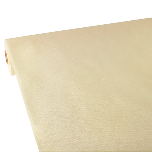 Eine teilweise ausgerollte Starpak Tischdecke, stoffähnlich, Vlies "soft selection plus" von Starpak in hellbeige liegt flach und zeigt ihre weiche, glatte Textur. Die langlebige Tischdecke ist schlicht und ohne sichtbare Muster oder Markierungen.