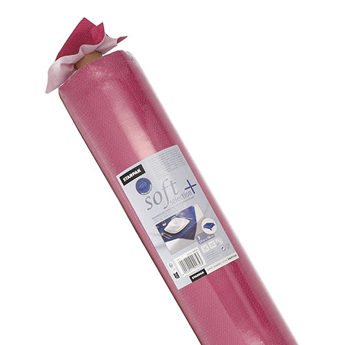Eine Rolle Starpak Tischdecke, stoffähnlich, Vlies "soft selection plus" rosa Reinigungstücher in einer Kunststoffverpackung mit einem Etikett mit Produktangaben und einer Abbildung der Tischdecke im Gebrauch.