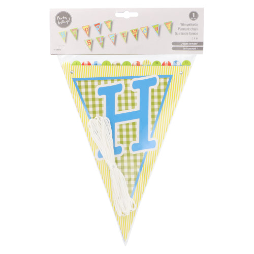 Die Wimpelkette, Papier 4 m „Happy Birthday“ (1 Stück) der PAPSTAR GmbH besteht aus bunten Dreiecksfahnen an einer Schnur – ideal zur Dekoration jeder Geburtstagsfeier.