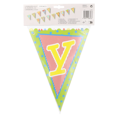 Die Wimpelkette „Happy Birthday“ der PAPSTAR GmbH, Papier 4 m, besticht durch farbenfroh lackierte Dreieckswimpel – perfekt für Geburtstage. Verpackt in einem Einzelbeutel, zeigt die Vorschau ihr festliches Design mit leuchtenden Mustern.