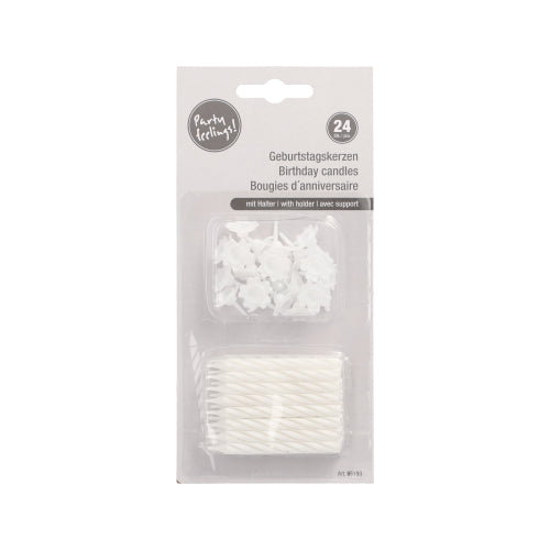 Die PAPSTAR GmbH 24 Geburtstagskerzen mit Halter (6 cm, weiß) werden in einer Klarsichtblisterverpackung mit mehrsprachiger Beschriftung und dem Text „Geburtstagskerzen“ geliefert.