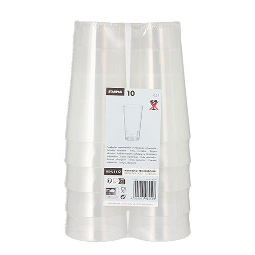 Ein Stapel Starpak 10 Mehrweg-Trinkbecher der Marke Starpak ist in transparenter Folie verpackt. Das vordere Etikett zeigt Produktinfos, Barcode und Icons.