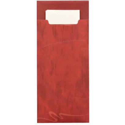 Die 520 Bestecktaschen der PAPSTAR GmbH verfügen über einen rechteckigen, roten, zweilagigen Halter (20 x 8,5 cm) mit einer Aussparung für den einfachen Zugriff auf die passende, cremefarbene Serviette (33 x 33 cm), die innen teilweise sichtbar ist.