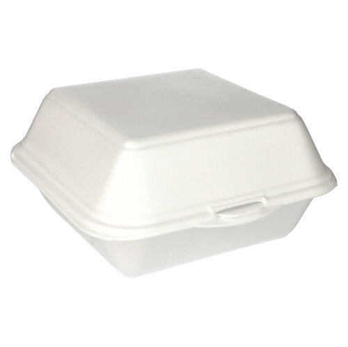 Eine geschlossene Starpak 100 Hamburger-Boxen mit Klappdeckel aus weiß laminiertem XPS (XXL, 11x20x20cm), im Winkel vor neutralem Hintergrund, einzeln gezeigt.