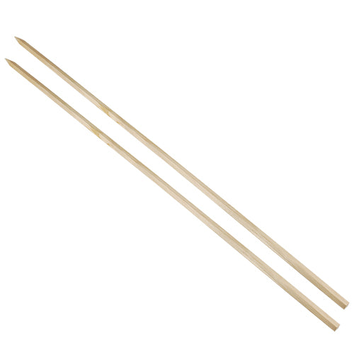 Zwei lange, dünne PAPSTAR 20 Grill-Spieße „pure“ (80 cm x 8 mm x 8 mm) für Steckerlfisch sind parallel auf weißem Grund abgebildet. Marke: PAPSTAR GmbH. Packung enthält 20 Stück in Schrumpffolie.