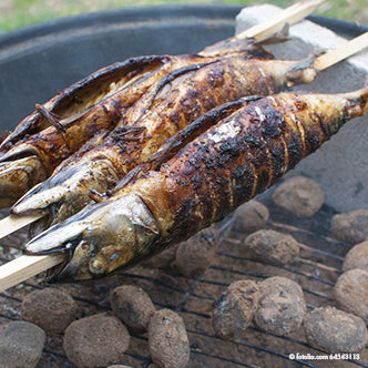 Zwei ganze Steckerlfische werden auf PAPSTAR 20 Grill-Spieße „pure“ (80 cm x 8 mm) der PAPSTAR GmbH aufgespießt und über Holzkohle gegrillt, bis ihre Haut knusprig und goldbraun ist.