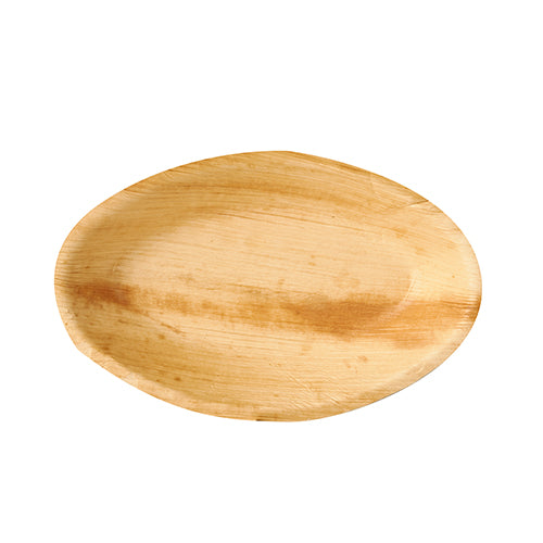Die PAPSTAR 25 Schalen Palmblatt "pure" oval (300 ml, 20x12,5x3 cm) der PAPSTAR GmbH sind biologisch abbaubare Einwegschalen mit natürlicher Holzmaserung, ideal zum umweltfreundlichen Servieren. 25er-Set, fotografiert auf weißem Hintergrund.