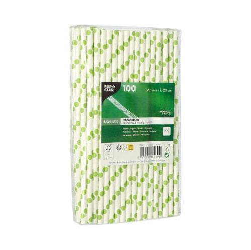 PAPSTAR GmbH PAPSTAR 100 Trinkhalme, Papier Ø 6 mm: 100 umweltfreundliche Papiertrinkhalme mit grün gepunktetem Muster, einzeln in Klarfolie verpackt und grün-schwarzem Etikett vorn.