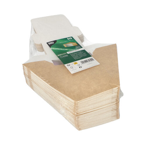 Ein Set aus 50 braunen PAPSTAR Sandwichboxen (12,3 x 12,3 x 8,2 cm) aus umweltfreundlicher Pappe mit PLA-Sichtfenster ist in klarer Folie mit grün-weißem Etikett und Produktinformationen verpackt.