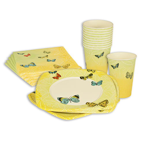 Ein Set aus gelben und weißen Einwegtellern, Bechern und PAPSTAR GmbH 20 Servietten (33 x 33 cm, 3-lagig, Set 2) mit Schmetterlingsmotiven, fein säuberlich angeordnet auf weißem Hintergrund.