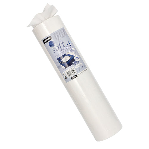 Eine Rolle Starpak Tischläufer, stoffähnlich Vlies „soft selection plus“ (24 m x 40 cm), wird in einer Kunststoffverpackung mit einem blauen Etikett geliefert, auf dem Produktinformationen und ein Bild des Läufers auf einem Tisch zu sehen sind.