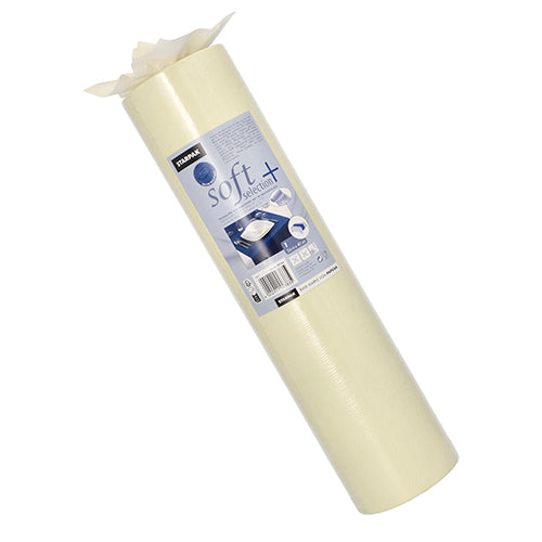 Eine Rolle Starpak Tischläufer, stoffähnlich aus Vlies „soft selection plus“ (24 m x 40 cm), in Zartgelb mit blauem Etikett – ideal für die tägliche Reinigung oder besondere Anlässe, wie auf der Verpackung abgebildet.