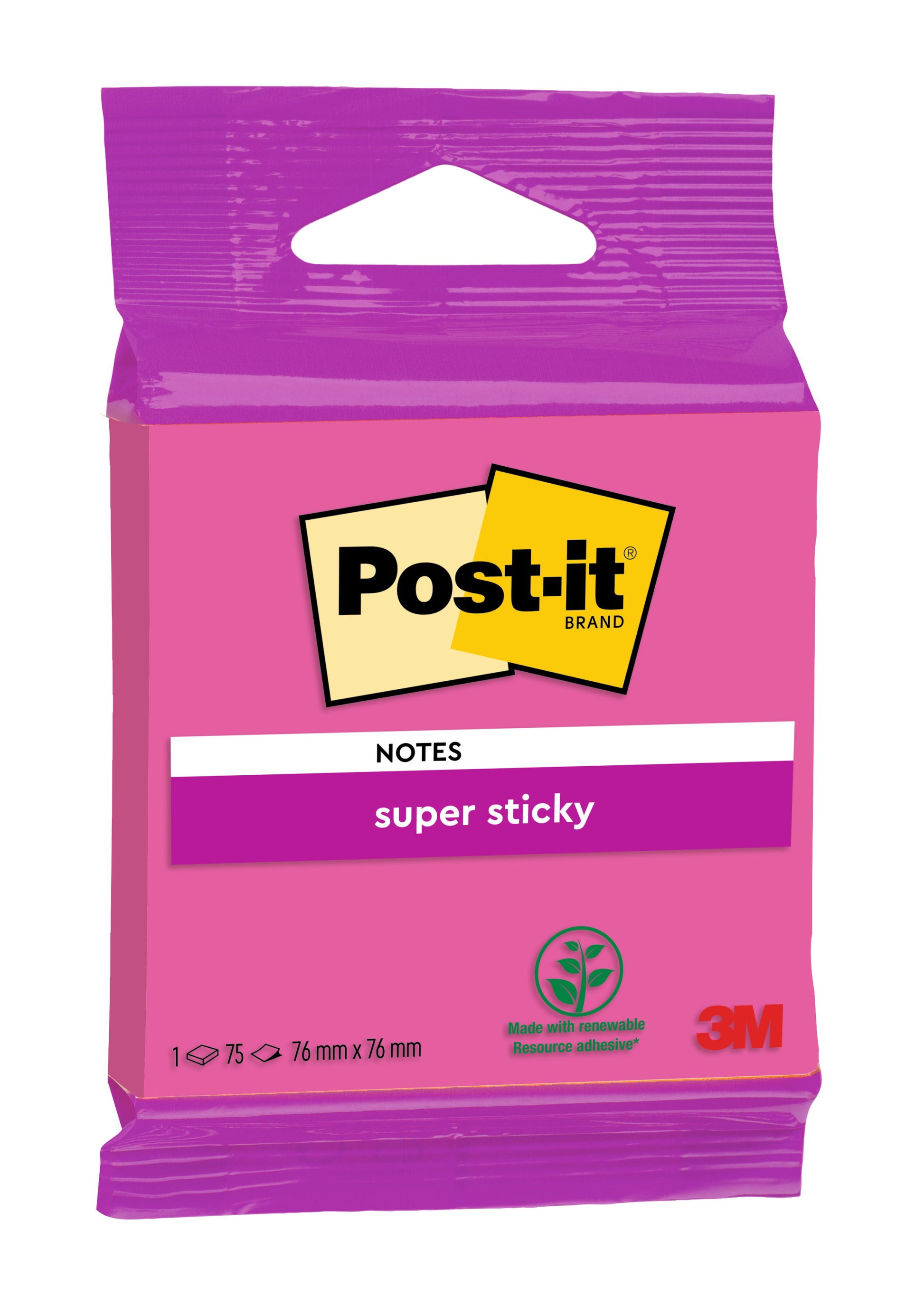 Eine neongrüne, neonpinke, ultragelbe, ultragrüne und ultrapinke Packung Post-it® Super Sticky Notes 6820S3 (76 x 76 mm, 1 Block à 75 Blatt), von 3M Deutschland GmbH, PEFC-zertifiziert.