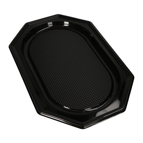 Die Starpak 10 Servierplatten aus schwarzem PET-Kunststoff haben eine achteckige Form, einen erhöhten Rand und eine strukturierte Mitte – ideal für Catering-Veranstaltungen, hier auf weißem Hintergrund abgebildet.