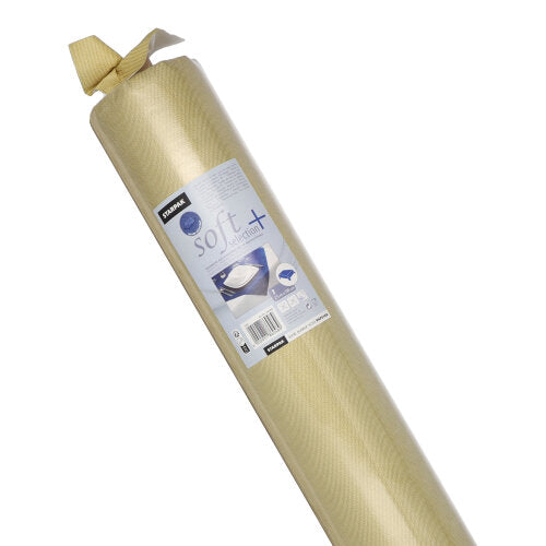 Eine Rolle Starpak Tischdecke, stoffähnlich Vlies "soft selection plus" in beige, fest verpackt in klarem Kunststoff mit Markenangaben und einem Bild, das die Verwendung zeigt. Rutschfest und langlebig, ideal für Schubladen oder Regale.