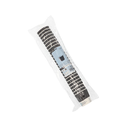 Ein aufgerollter schwarz-weißer Starpak 25 Trinkbecher, Pappe „To Go“ Ripple Wall Pack, eingewickelt in durchsichtigen Kunststoff mit einem daran befestigten blau-weißen Starpak-Etikett.