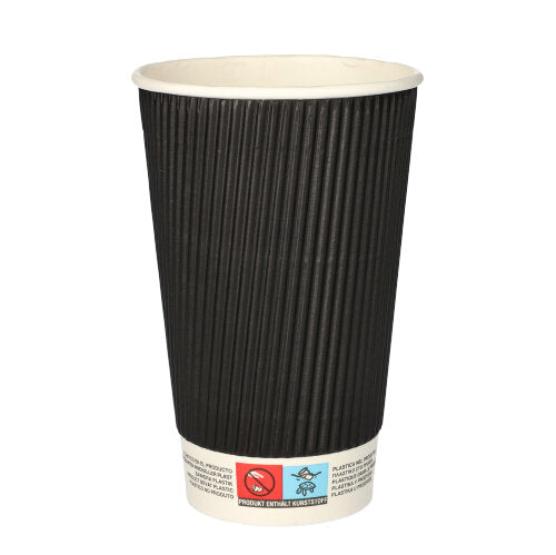 Ein schwarzer Starpak 25 Trinkbecher „To Go“ Ripple Wall-Pappbecher mit weißer Innenseite und weißem Boden sowie aufgedruckten Symbolen und Warnhinweisen am Boden ist vor einem schlichten weißen Hintergrund abgebildet.