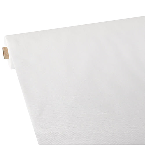 Eine teilweise abgerollte Rolle Starpak Tischdecke, stoffähnlich, Vlies "soft selection plus" zeigt ihre glatte, saubere weiße Oberfläche und einen Pappröhrenkern an einem Ende.