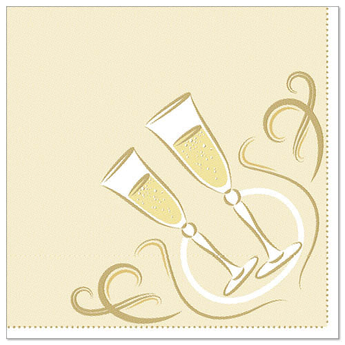 Die Servietten "ROYAL Collection" 1/4-Falz 40x40 cm der PAPSTAR GmbH 20 Servietten zeigen zwei klirrende Sektgläser mit gelbem Inhalt und goldenem Wirbel - ideal für eine stilvolle Tischdekoration.