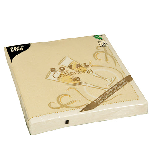 Eine ungeöffnete beigefarbene Packung PAPSTAR 20 Servietten "ROYAL Collection" 1/4-Falz (40x40 cm) von PAPSTAR GmbH mit goldenem Design liegt auf einer weißen Fläche - ideal für elegante Tischdekoration.