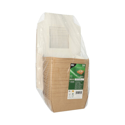 Ein Stapel PAPSTAR 25 Feinkostboxen, Pappe mit PLA-Sichtfenster, eckig von PAPSTAR GmbH ist in klarer Folie verpackt und trägt vorn ein grün-weißes Etikett mit dem Hinweis auf umweltfreundliche Verpackung.