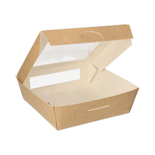 Die PAPSTAR 25 Feinkostboxen aus Pappe mit PLA-Sichtfenster (eckig) von PAPSTAR GmbH sind nachhaltige, umweltfreundliche Verpackungen für frische Speisen – ideal präsentiert auf schlichtem weißen Hintergrund.