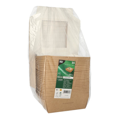 Ein Stapel von 25 PAPSTAR Feinkostboxen aus Pappe mit PLA-Sichtfenster von PAPSTAR GmbH ist in einem Klarsichtbeutel verpackt. Die eckigen Boxen sind durch das Sichtfenster teilweise sichtbar und tragen an der Vorderseite ein Produktetikett.