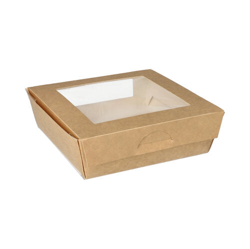 Eine geschlossene, leere PAPSTAR 25 Feinkostboxen (Pappe mit PLA-Sichtfenster, eckig) von PAPSTAR GmbH auf weißem Hintergrund – hergestellt aus nachhaltigen Materialien wie umweltfreundliche Verpackung.