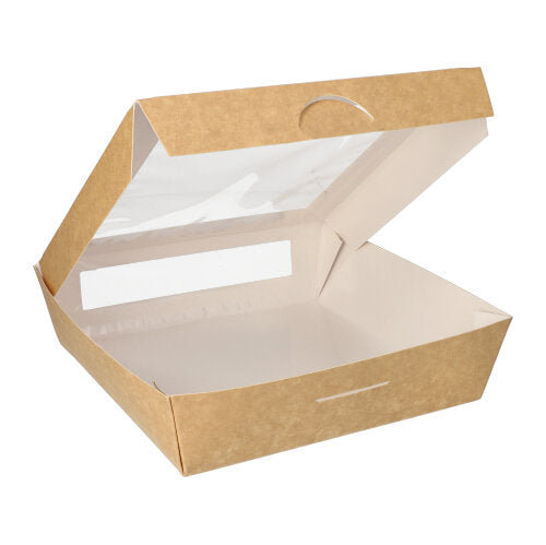 Die PAPSTAR 25 Feinkostboxen der PAPSTAR GmbH sind rechteckige Kartonschachteln mit PLA-Fenster, offen und leer dargestellt, aus nachhaltigen Materialien für umweltfreundliche Verpackung auf schlichtem weißem Hintergrund.