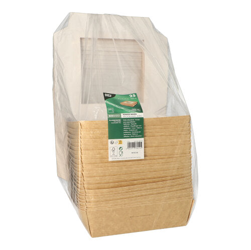 Ein Stapel PAPSTAR 25 Feinkostboxen der PAPSTAR GmbH, aus Karton mit PLA-Fenster, teilweise in Klarsichtfolie verpackt und grün/weiß beschriftet – ideal für umweltfreundliche Verpackungen aus nachhaltigen Materialien.