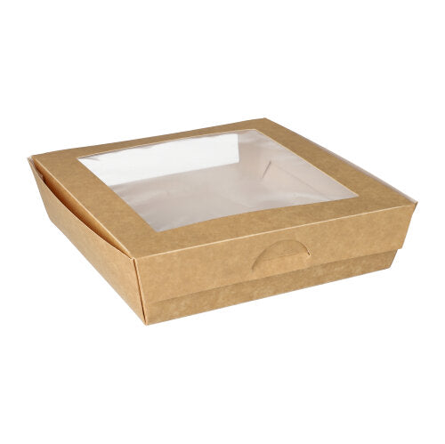 Die PAPSTAR 25 Feinkostboxen aus Karton mit PLA-Fenster sind quadratische, braune Schachteln der PAPSTAR GmbH, die geschlossen und leer auf weißem Hintergrund abgebildet sind.
