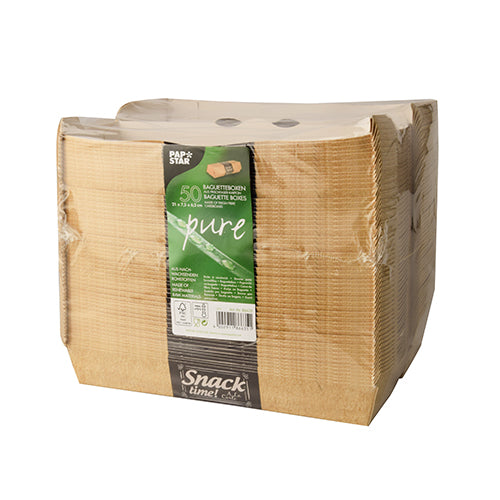 50 PAPSTAR „pure“ Baguette-Boxen (6,5 x 7,5 x 21 cm) aus Karton mit der Aufschrift „Good Food“ der PAPSTAR GmbH – die perfekte, umweltfreundliche Verpackung für Snacks oder Baguettes. Die Schrumpffolie sorgt für Frische und gute Sichtbarkeit der Marke.