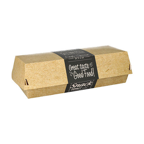 Geschlossene, rechteckige PAPSTAR Baguetteboxen aus umweltfreundlicher Pappe (6,5 x 7,5 x 21 cm) mit schwarzem „Good Food“-Label, ideal für die Gastronomie. Set à 50 Stück. Verpackt in Schrumpffolie.