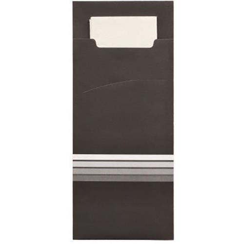 Die PAPSTAR 520 Bestecktaschen der PAPSTAR GmbH sind schwarze Papierhüllen (20 x 8,5 cm) mit drei weiß/grauen Streifen im unteren Bereich und einer dazu passenden weißen Serviette, die oben teilweise sichtbar ist.