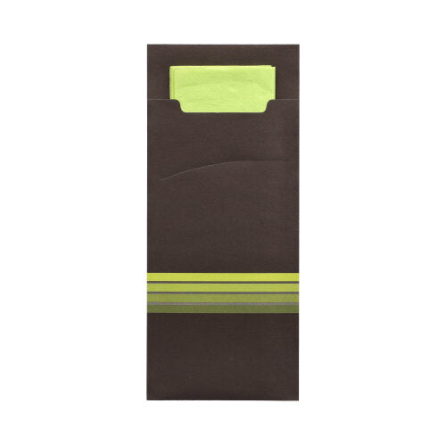 Die PAPSTAR 520 Bestecktaschen der PAPSTAR GmbH sind dunkelbraune Bestecktaschen mit grün-grau gestreiftem Rand am unteren Rand, in denen sich eine passende hellgrüne Serviette befindet. Die Maße der Bestecktaschen sind 20 x 8,5 cm groß und liegen einer 33 x 33 cm großen, zweilagigen Serviette bei.