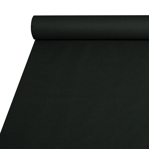 Eine Nahaufnahme der Starpak Tischdecke, stoffähnlich, Airlaid (20 m x 1,2 m) in Schwarz, teilweise ausgerollt auf einer ebenen Fläche. Die Tischdecke wirkt glatt, blickdicht und hat eine stoffähnliche Optik ohne sichtbare Muster.
