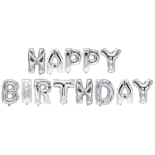 Silbermetallic-PAPSTAR Folienluftballons der PAPSTAR GmbH bilden in zwei Reihen auf weißem Untergrund den Schriftzug „Happy Birthday“ – ein festliches Set, perfekt für jede Geburtstagsfeier.