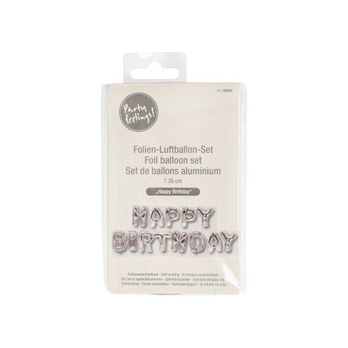 Das PAPSTAR Folienluftballon-Set "Happy Birthday" der PAPSTAR GmbH besteht aus silbernen Luftballons und ist ideal für jede Geburtstagsparty. Das Set ist auf einer weißen Karte mit mehrsprachigen Details und einer transparenten Kunststoffhülle verpackt.