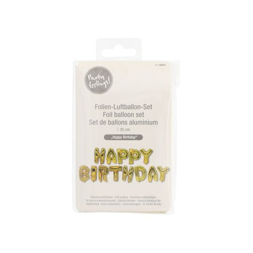 Das Folienluftballon-Set „Happy Birthday“ der PAPSTAR GmbH ist versiegelt mit goldenen Buchstabenballons, einer mehrsprachigen Verpackung und einem transparenten Haken – ideal für jede Geburtstagsfeier.