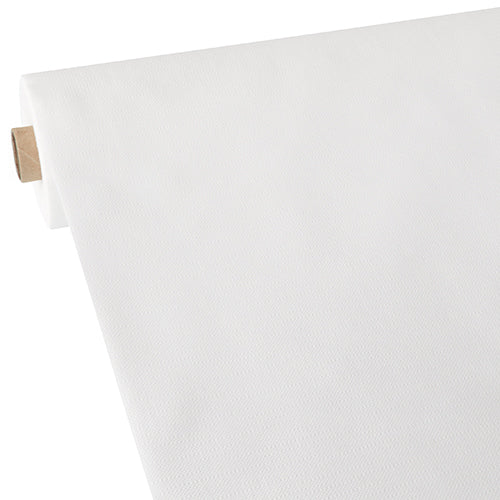 Eine Rolle Starpak Tischdecke, stoffähnlich, Vlies "soft selection plus" wird teilweise abgerollt, um ihre Textur zu zeigen, um eine braune Papphülse gewickelt und vor einen weißen Hintergrund gestellt.