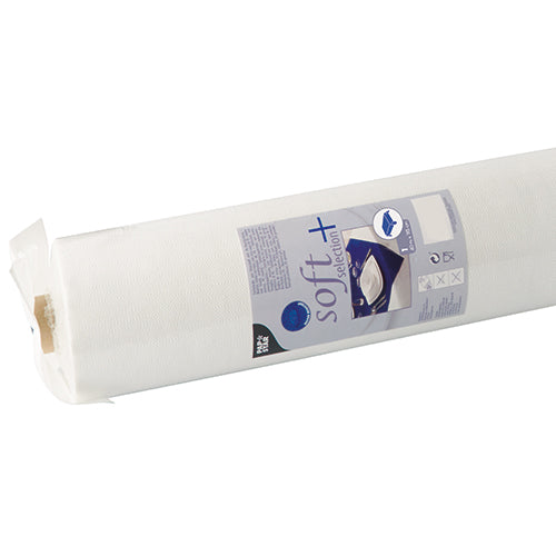 Die Starpak Tischdecke, stoffähnlich, Vlies "soft selection plus" ist eine weiße Tischdeckenrolle aus klarem Kunststoff mit Produktinformation und Faltblattbild auf der Verpackung, die Strapazierfähigkeit und stoffähnliche Haptik für elegante Tische vereint.