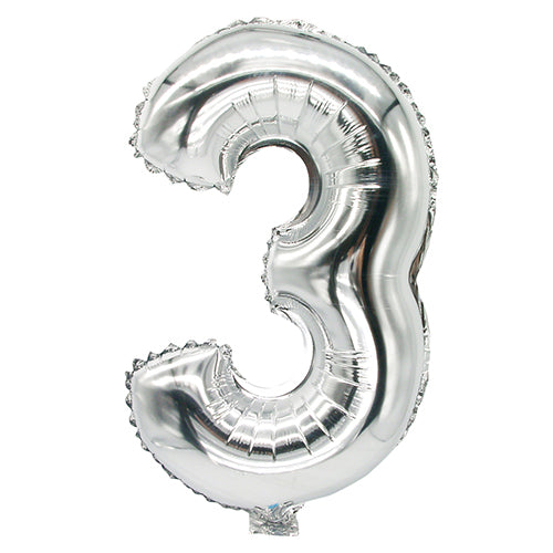 Der PAPSTAR Folienluftballon 35 cm x 20 cm silber der PAPSTAR GmbH ist ein silberner Luftballon mit der Zahl Drei, der sich auf einem schlichten weißen Hintergrund präsentiert und ideal für festliche Dekorationen ist.