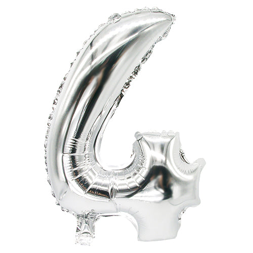 Der PAPSTAR Folienluftballon 35 cm x 20 cm silber der PAPSTAR GmbH in Form der Zahl Vier sticht vor einem schlichten weißen Untergrund hervor – ideal für moderne Dekorationen.