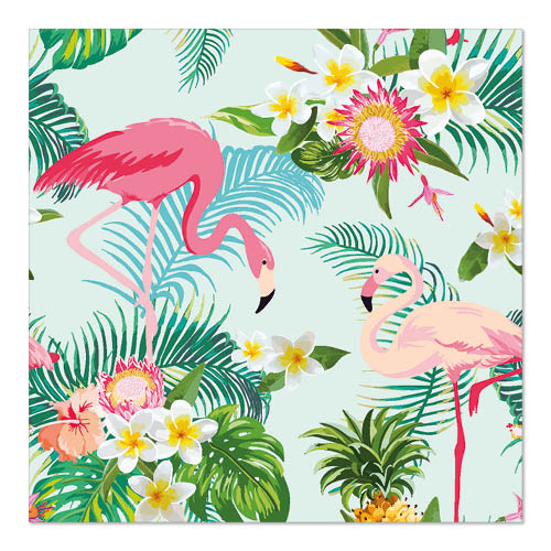 Ein farbenfrohes Motiv mit zwei rosafarbenen Flamingos inmitten von tropischen Blättern, Blumen und Ananas ziert das PAPSTAR GmbH 20 Servietten, 33x33 cm, 3-lagig, 1/4-Falz Design Set 4.