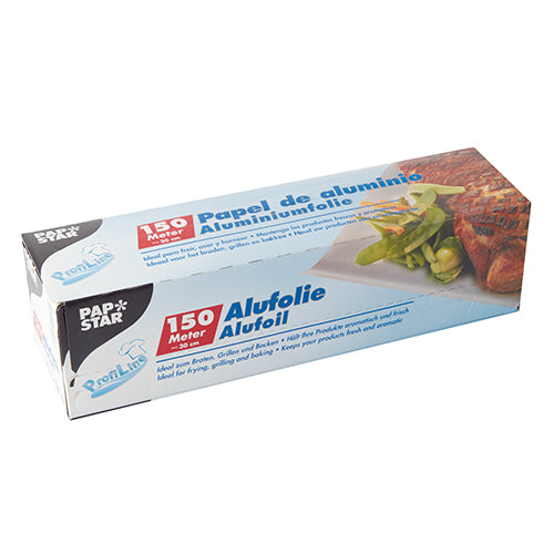 Eine rechteckige Starpak Alufolie in Faltschachtel, beschriftet mit „150 Meter“, mit mehrsprachigem Text und einem Lebensmittelbild auf der Vorderseite – perfekt für den vielseitigen Einsatz in der Küche.